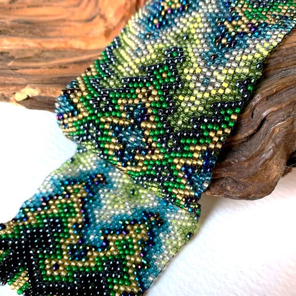 Handmade Wide Seed-Bead Cuff Bracelet with Geometric Design - Picture 7 of 7